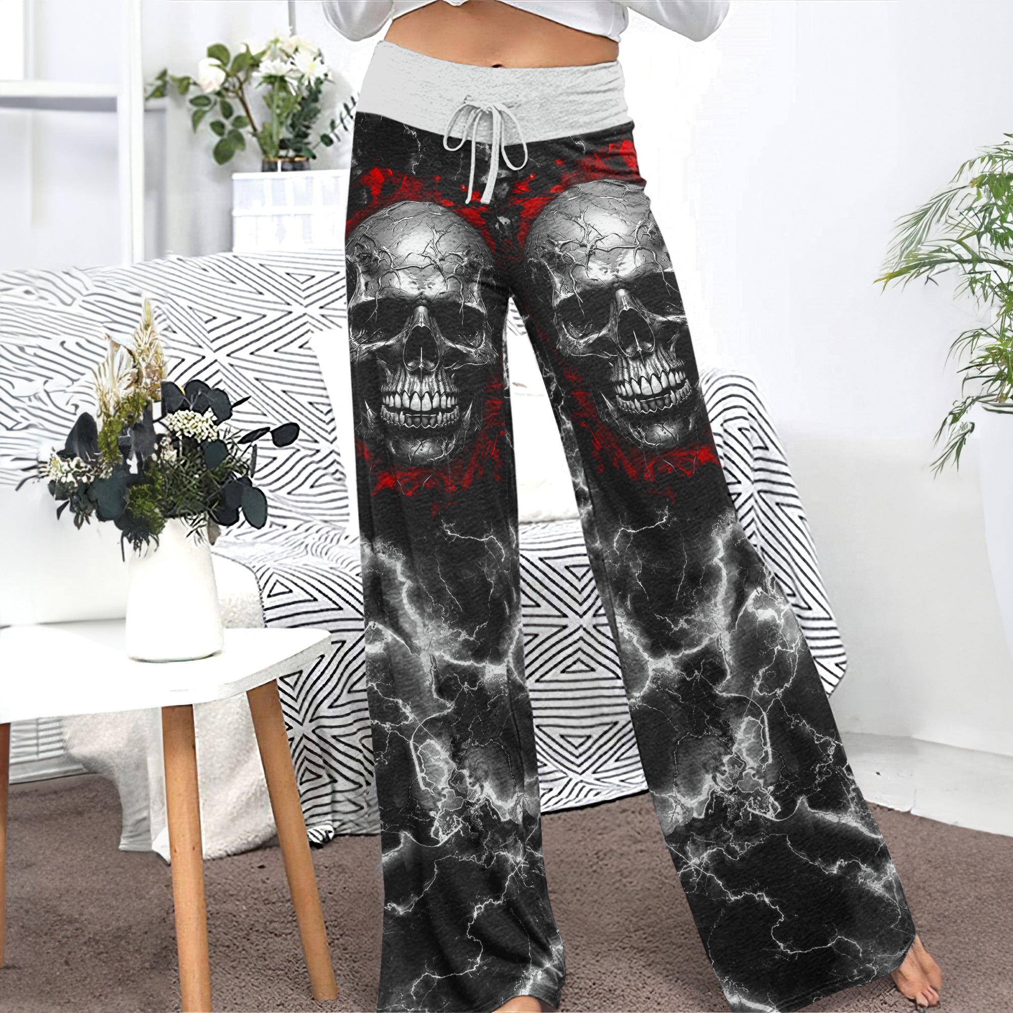 Skull Silver Thunder Art Women's High-waisted Wide Leg Pants | Wonder Skull