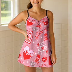 Pink Flaming Heart Skull Short Cami Dress