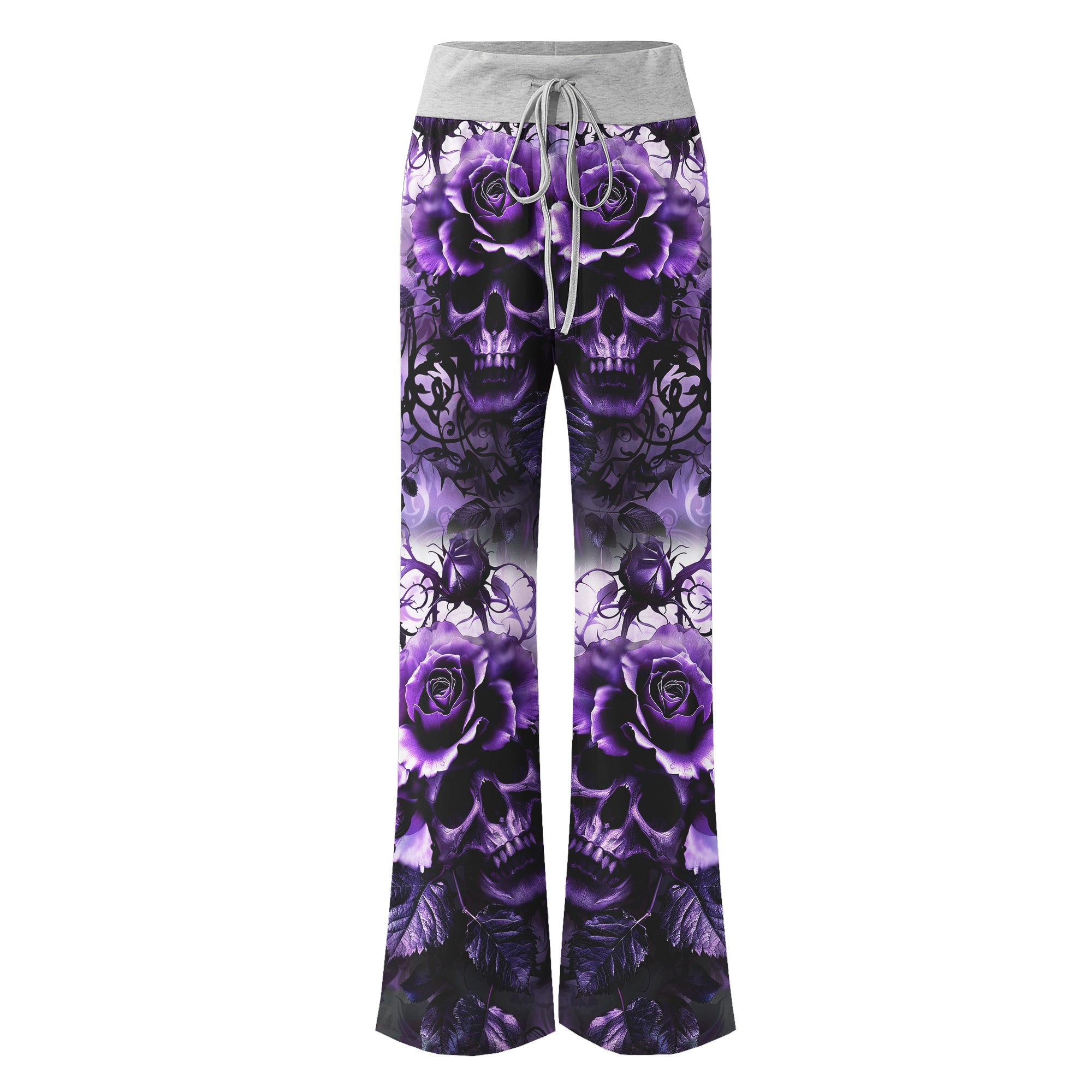 Purple Skull Rose Floral Women's High-waisted Wide Leg Pants | Wonder Skull