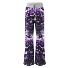 Purple Skull Rose Floral Women's High-waisted Wide Leg Pants | Wonder Skull