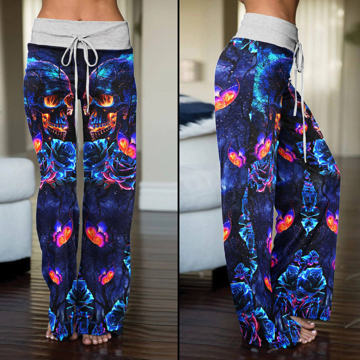 Dark Blue Effect Skull Women's High-waisted Wide Leg Pants | Wonder Skull