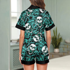 Cyan Skull Floral Women's Pajama Sets Top Sleeve & Short Bottom
