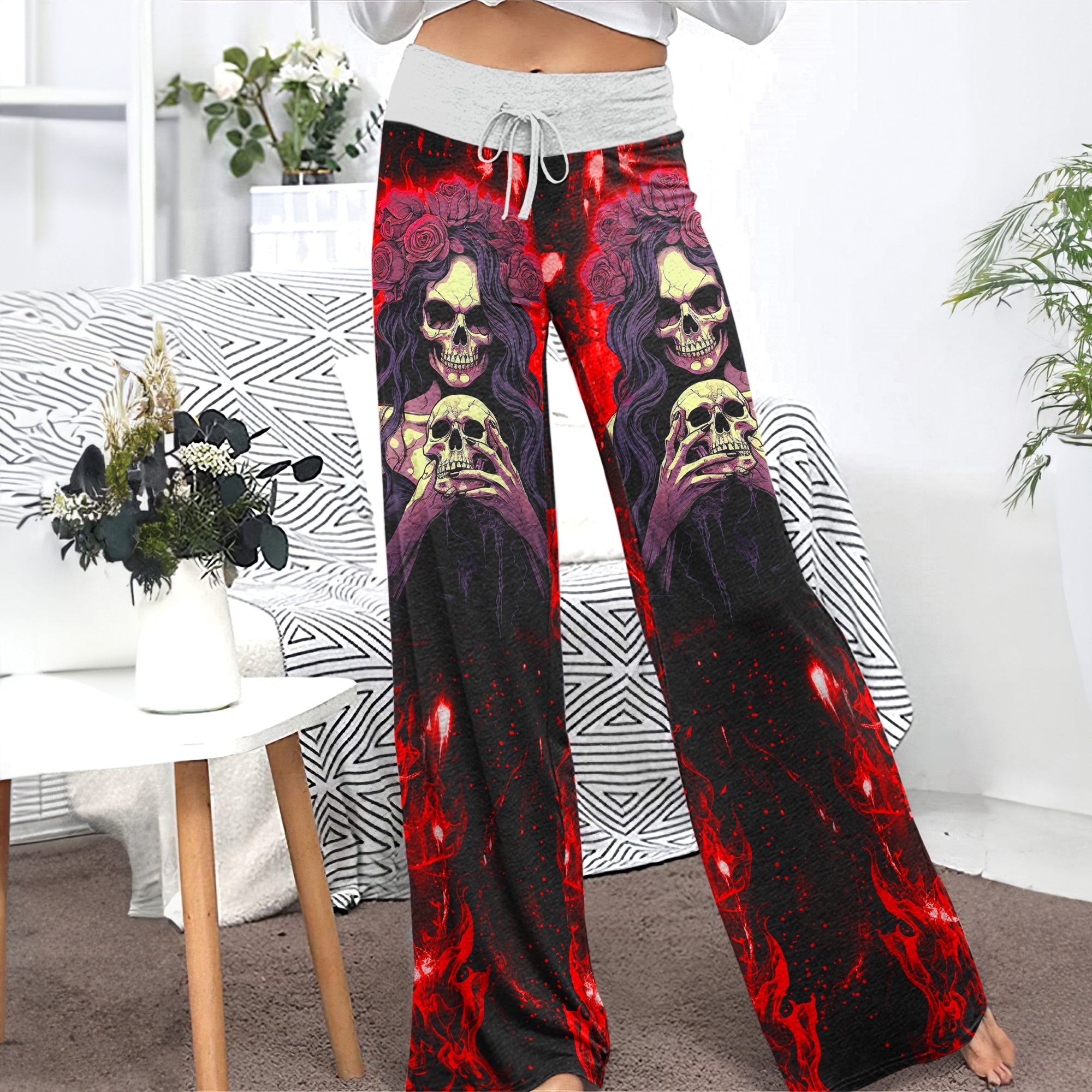 Red Fire Skull Art Women's High-waisted Wide Leg Pants | Wonder Skull