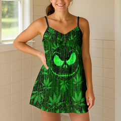 Green Skull Leaf Matrix Short Cami Dress
