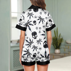 Black Skull Leaf Pattern Women's Pajama Sets Top Sleeve & Short Bottom