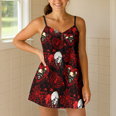 Bloody Ribcage Hearts Skull Short Cami Dress