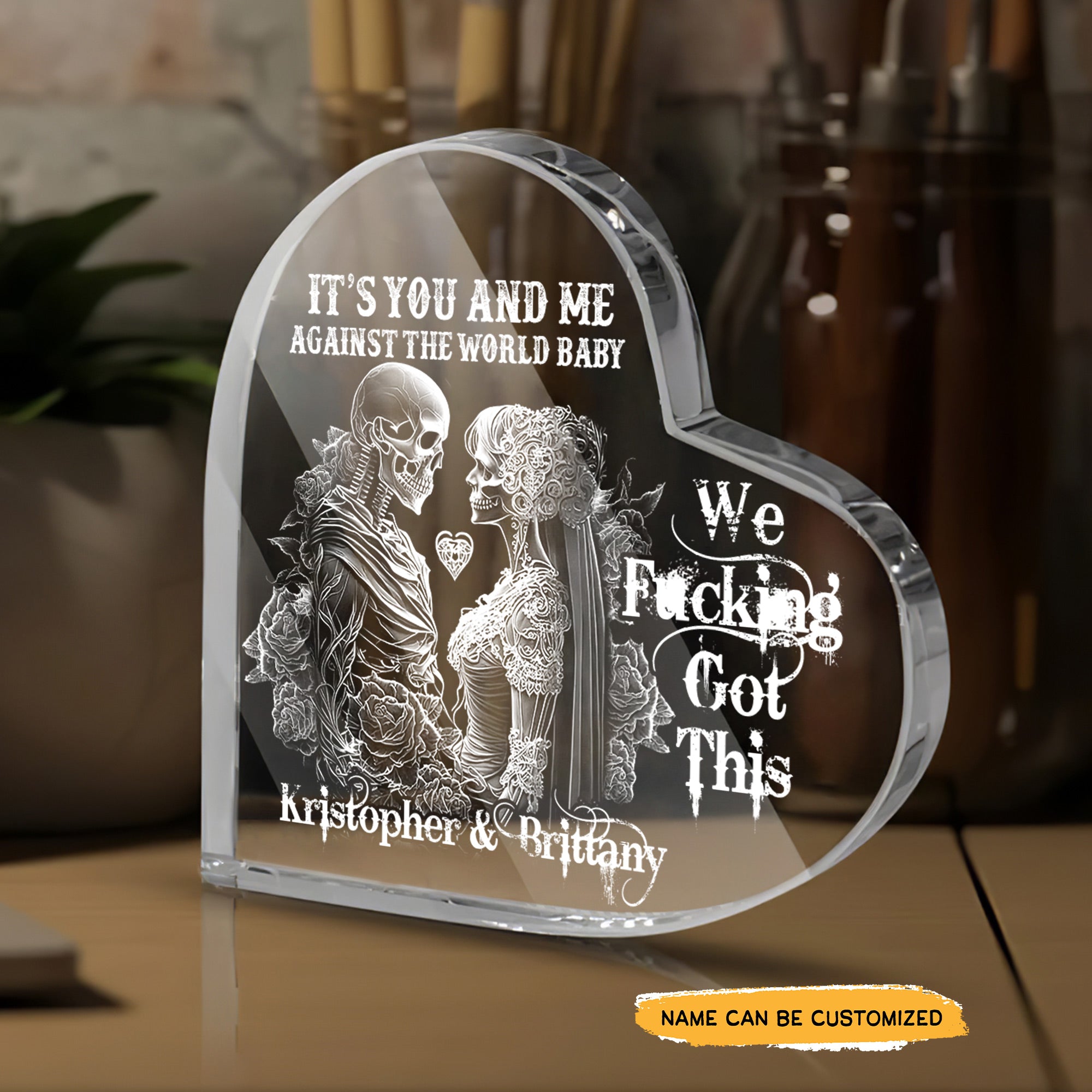 We Got This - Customized Skull Couple Crystal Heart Anniversary Gifts