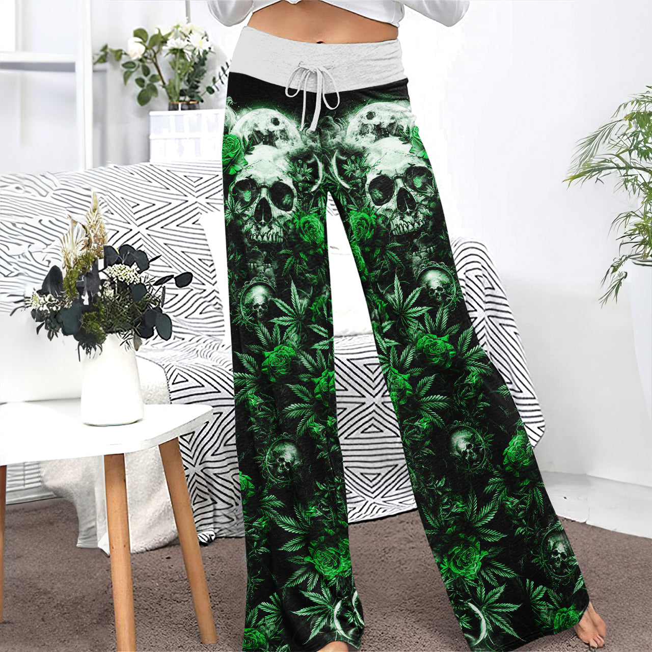 Green Skull Canabis Women's High-waisted Wide Leg Pants | Wonder Skull