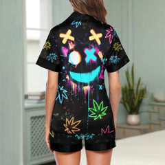 Neon Skull Leaf Art Women's Pajama Sets Top Sleeve & Short Bottom