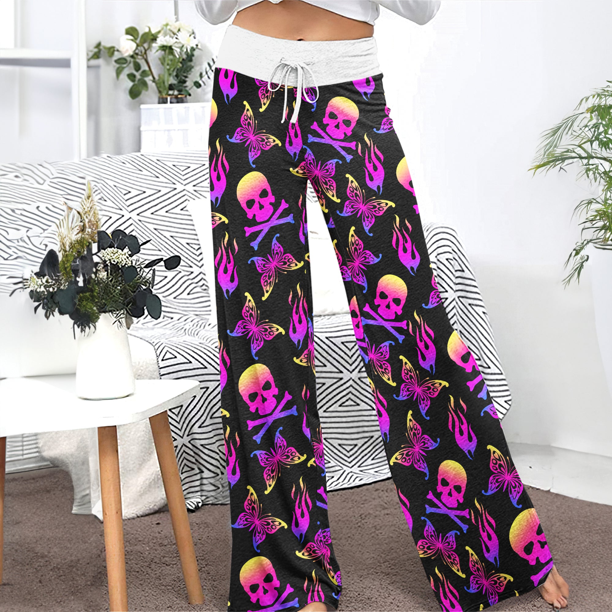 Purple Skull Butterfly Women's High-waisted Wide Leg Pants | Wonder Skull