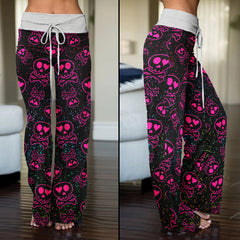 Pink Skull Love Pattern Women's High-waisted Wide Leg Pants | Wonder Skull