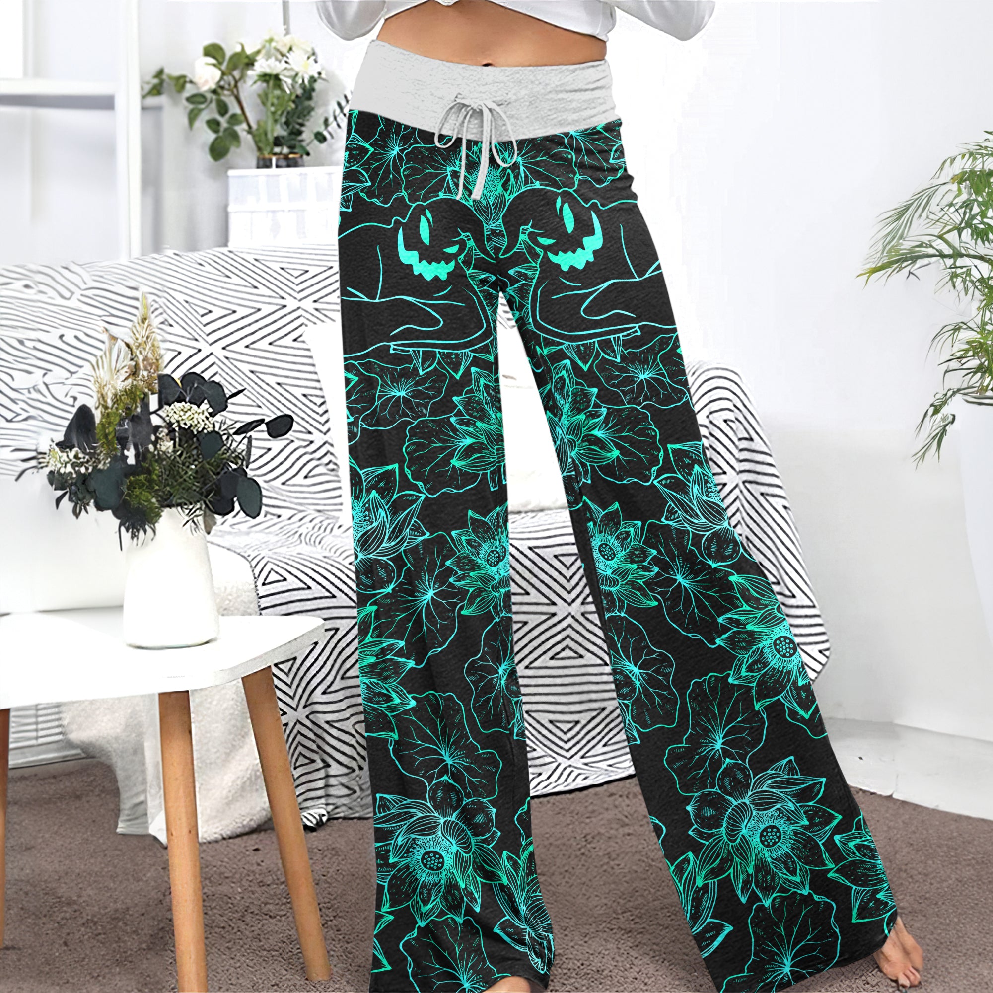Cyan Floral Nightmare Theme Women's High-waisted Wide Leg Pants | Wonder Skull