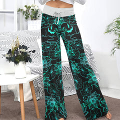 Cyan Floral Nightmare Theme Women's High-waisted Wide Leg Pants | Wonder Skull