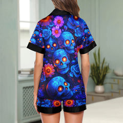 Blue Skull Flower Women's Pajama Sets Top Sleeve & Short Bottom