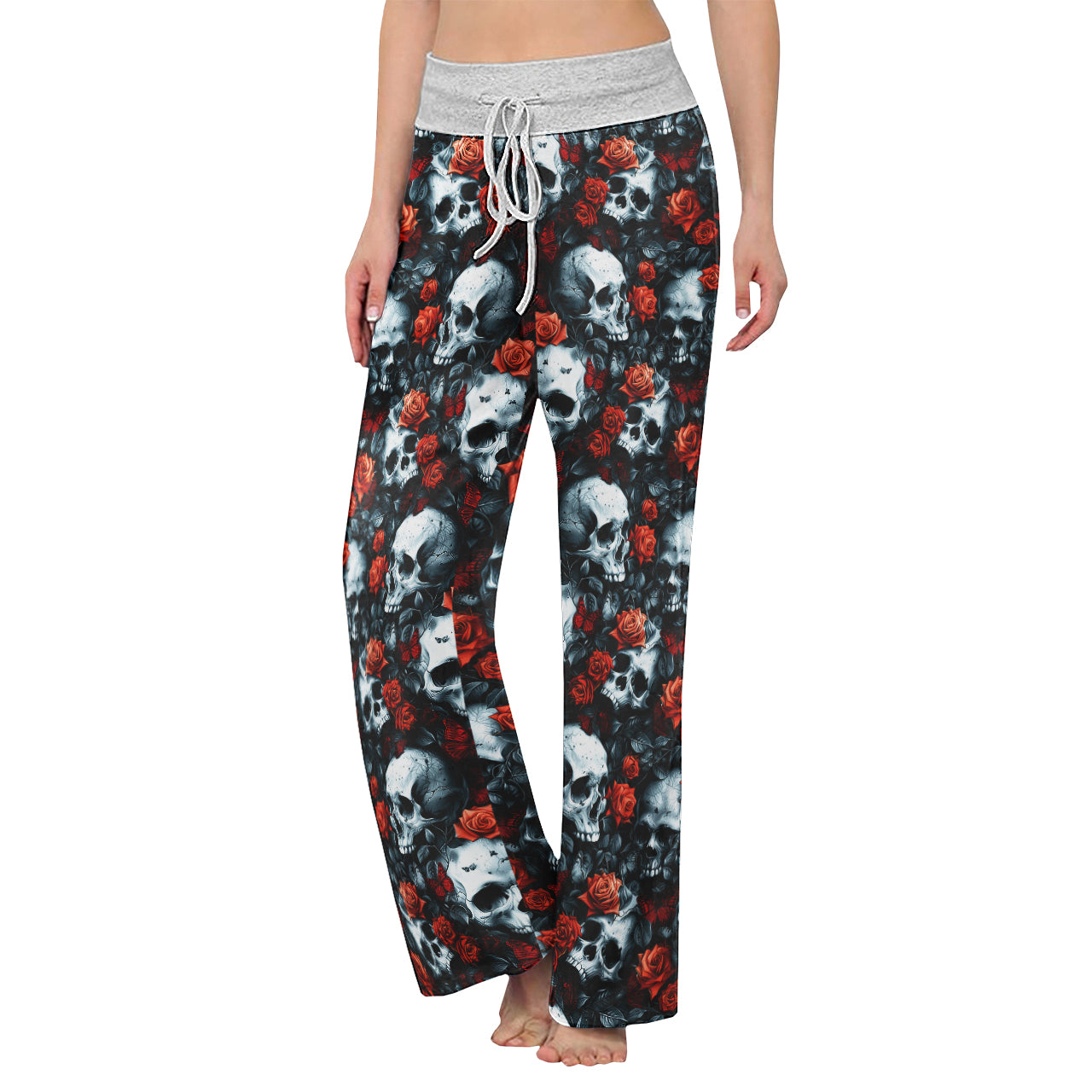 Skull Rose Gothic Women's High-waisted Wide Leg Pants | Wonder Skull