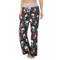 Skull Rose Gothic Women's High-waisted Wide Leg Pants | Wonder Skull