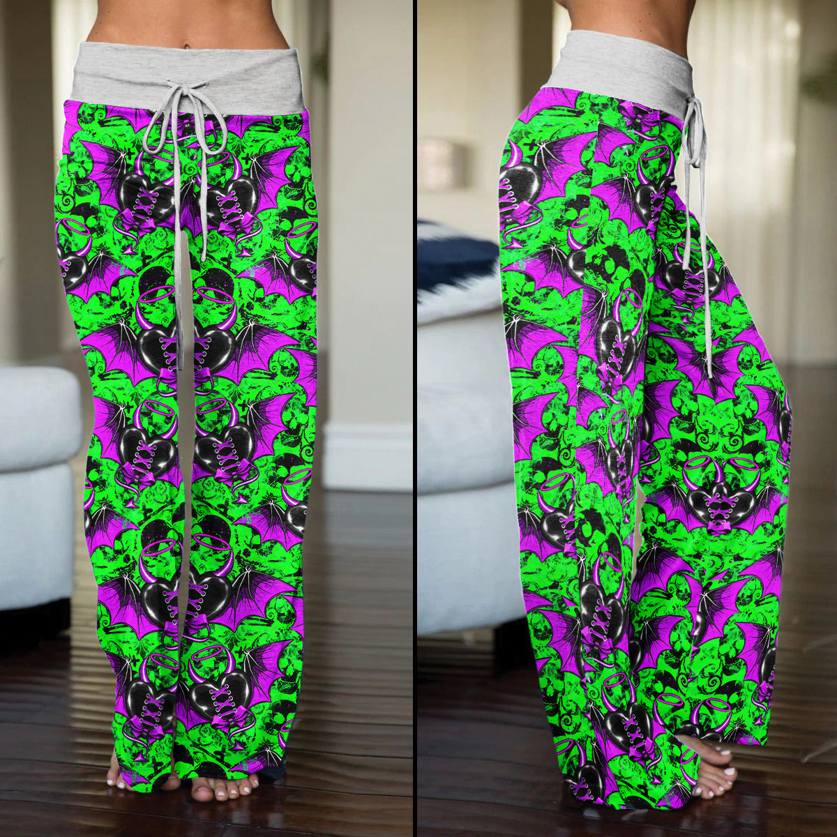 Green Skull Demon Heart Women's High-waisted Wide Leg Pants | Wonder Skull