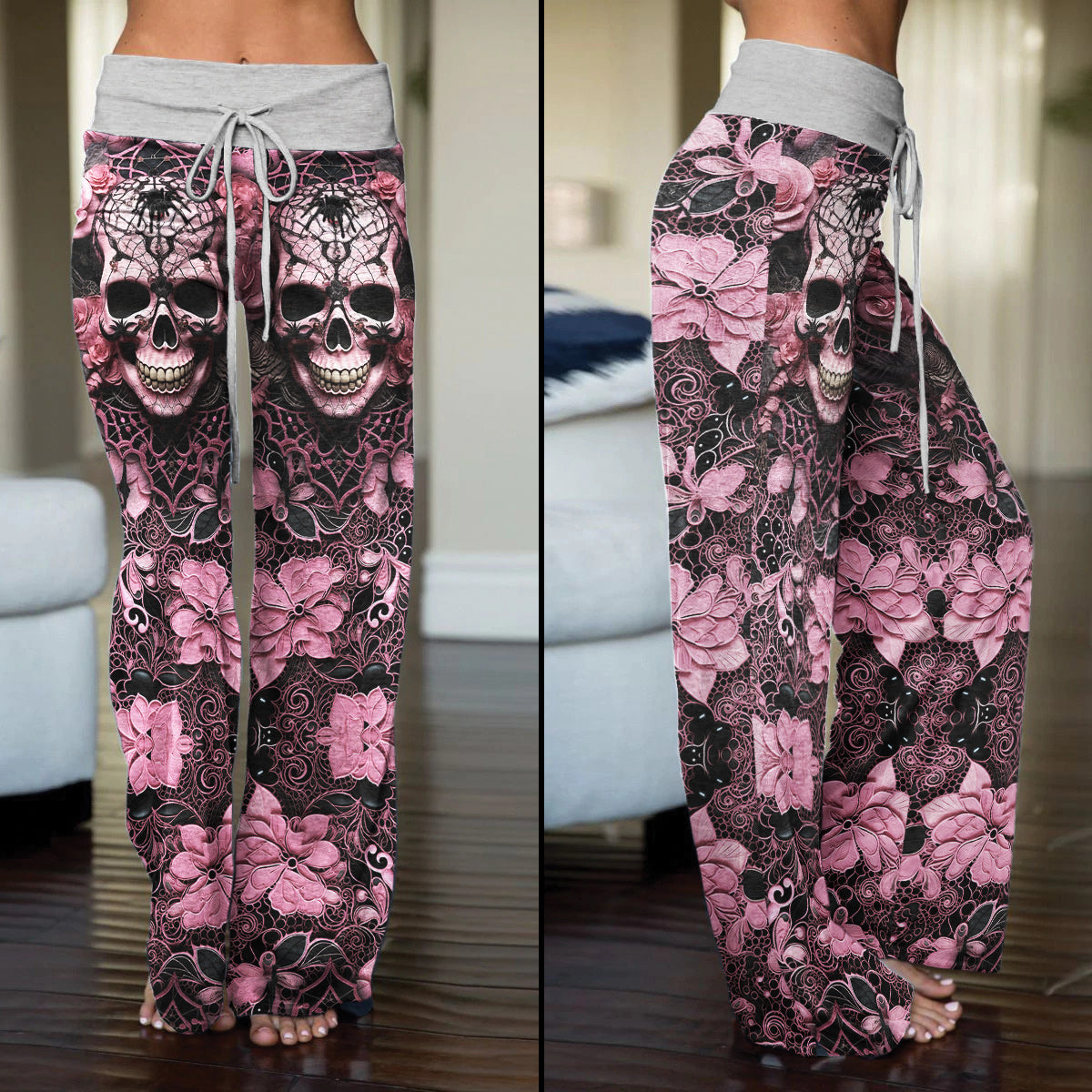 Black Pink Skull Lace Women's High-waisted Wide Leg Pants | Wonder Skull