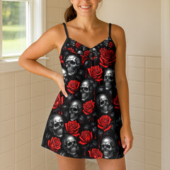 Metal Skull Rose Pattern Short Cami Dress