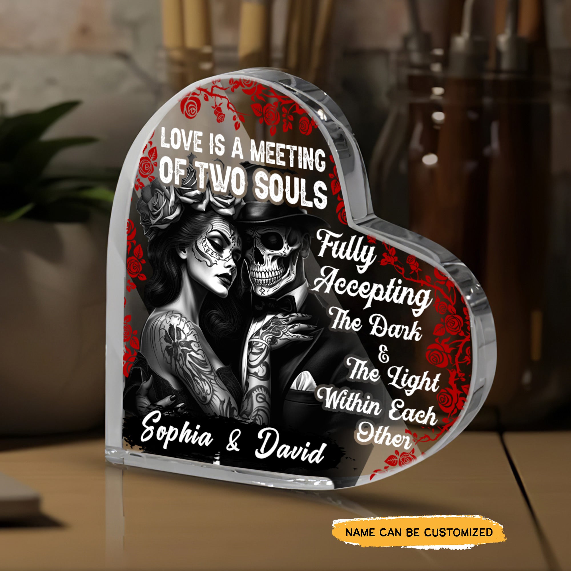 Love Is Meeting - Customized Skull Couple Crystal Heart Anniversary Gifts