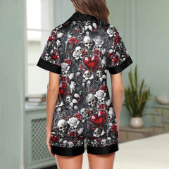 Skull Diamond Rose Pattern Women's Pajama Sets Top Sleeve & Short Bottom