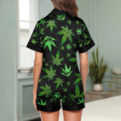 Green Skull Leaf Pattern Women's Pajama Sets Top Sleeve & Short Bottom
