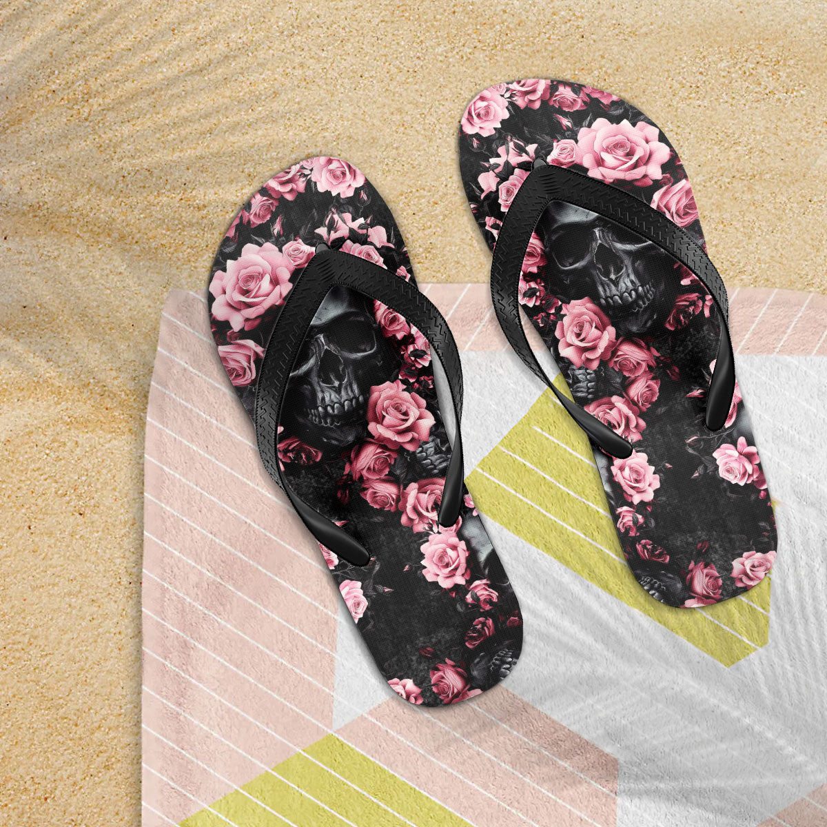 Image of a pair of beach flip flops with a sleek design, featuring a comfortable yoga mat footbed, non-slip sole, and water-friendly materials. Perfect for summer outings, beach walks, and casual occasions.