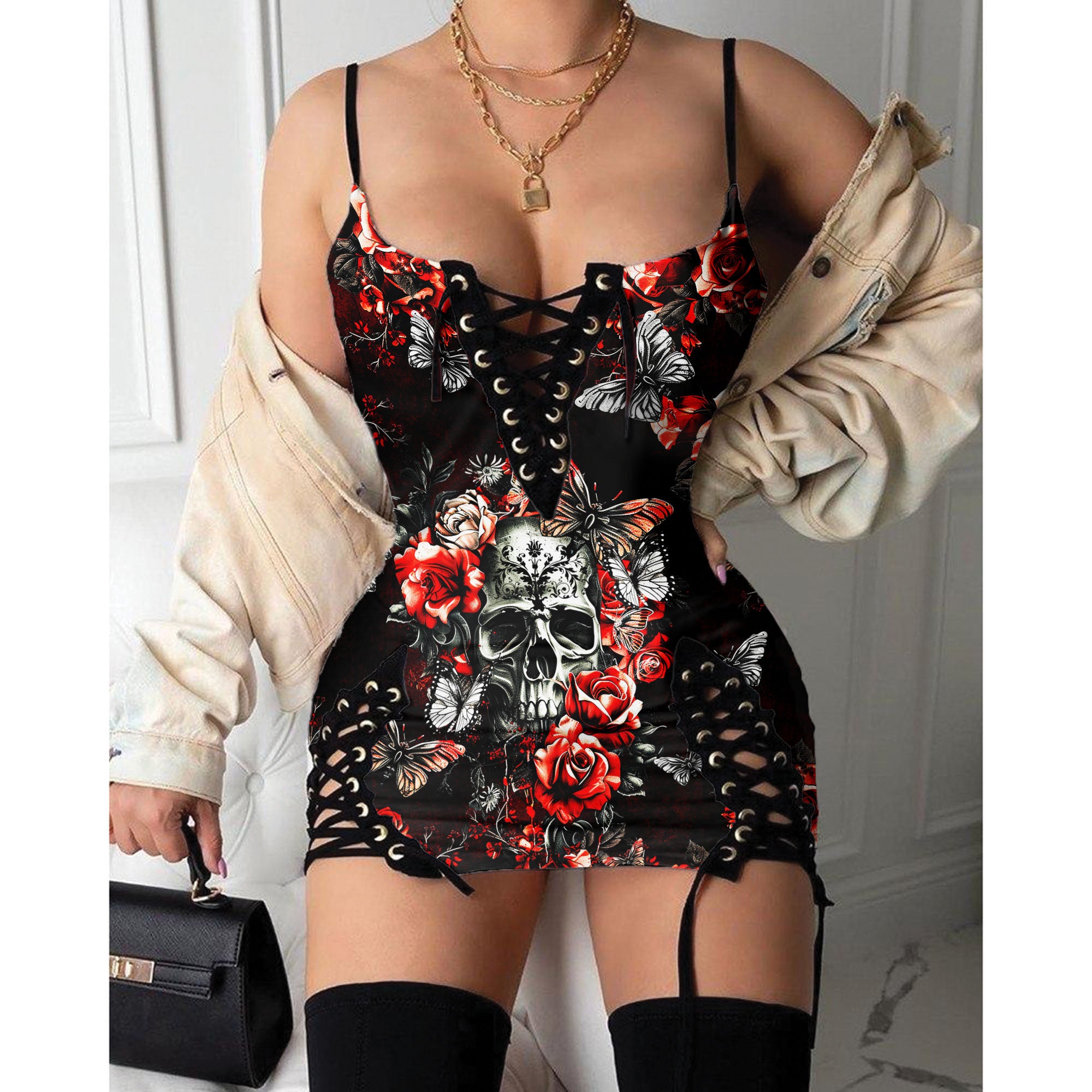 Express your personal style with the Hot Gothic Dress, a timeless piece featuring a unique Red Rose Skull Butterfly, perfect for enhancing your daily fashion routine.