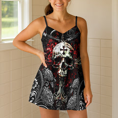 Blood Rose Skull Baroque Short Cami Dress
