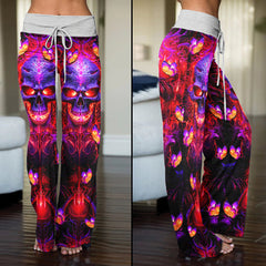 Purple Red Skull Butterfly Women's High-waisted Wide Leg Pants | Wonder Skull