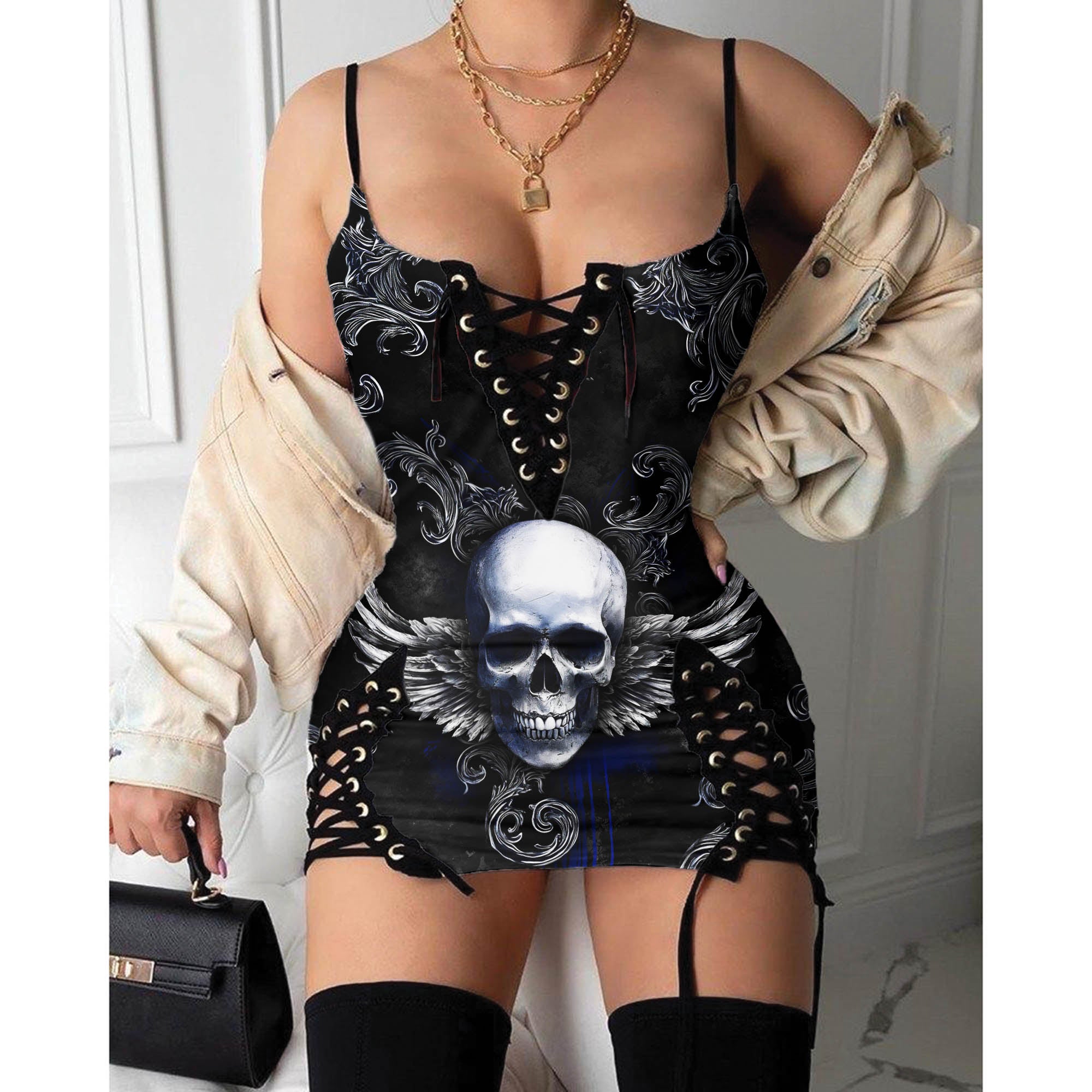 Express your personal style with the Hot Gothic Dress, a timeless piece featuring a unique Black Blue Skull Filigree, perfect for enhancing your daily fashion routine.