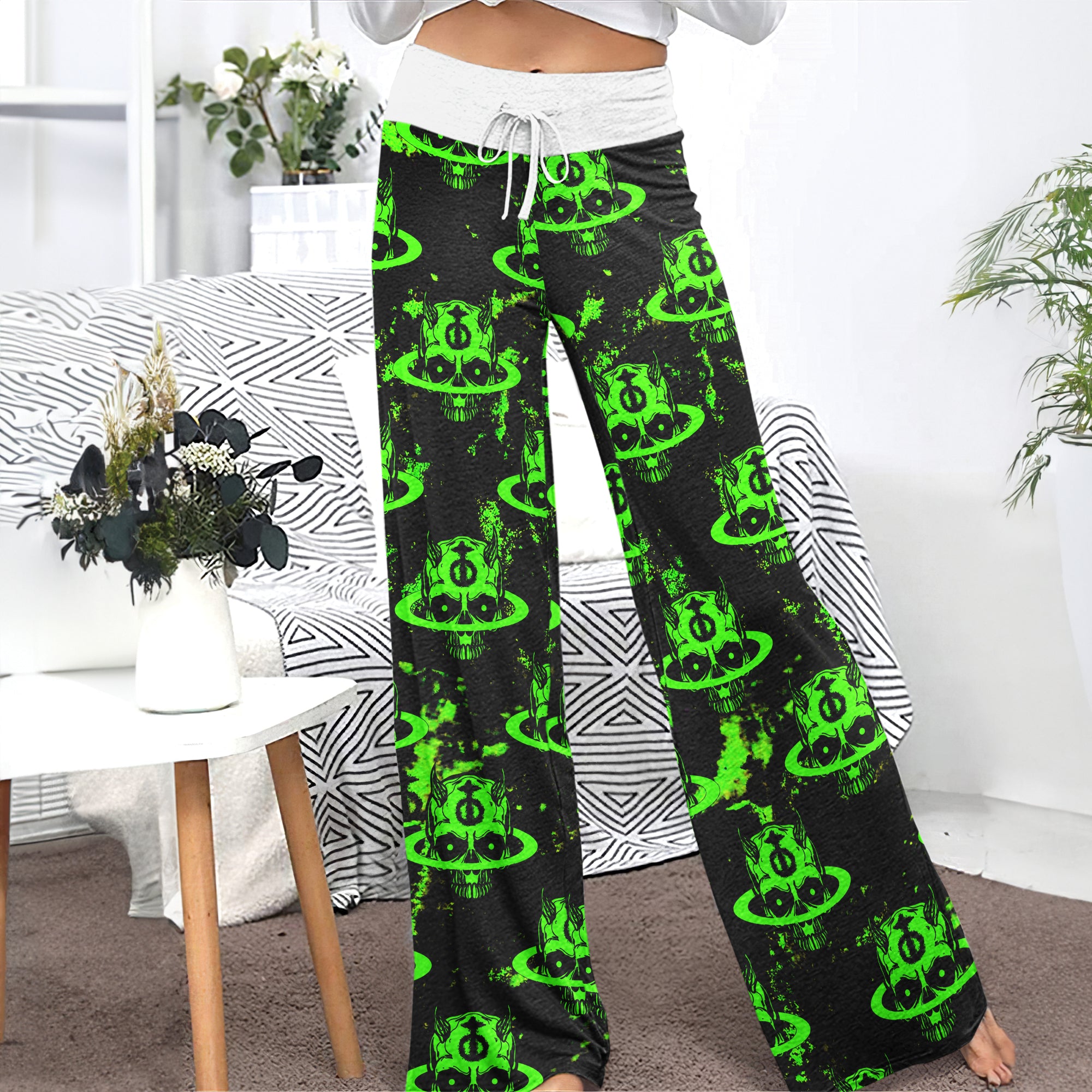 Dark Green Devil Art Women's High-waisted Wide Leg Pants | Wonder Skull