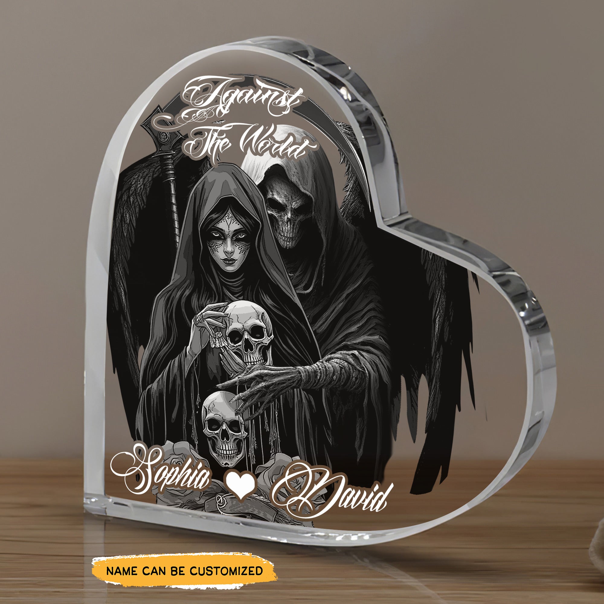 Against Still End - Customized Skull Couple Crystal Heart Anniversary Gifts