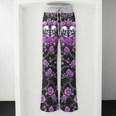 Purple Couple Skull Rose Women's High-waisted Wide Leg Pants