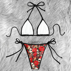 Vintage Red Peony Skull Micro Triangle Bikini Swimsuit