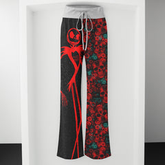 Red Skeleton Flower Art Women's High-waisted Wide Leg Pants