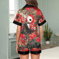 Masked Skeleton Flower Art Women's Pajama Sets Top Sleeve & Short Bottom