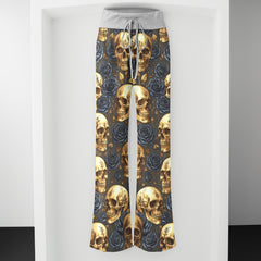 Gold Skull & Black Rose Women's High-waisted Wide Leg Pants
