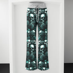 Dark Skull Rose Pattern Women's High-waisted Wide Leg Pants