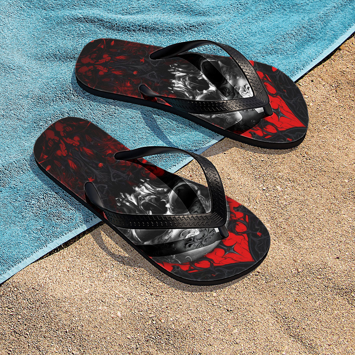 Image of a pair of beach flip flops with a sleek design, featuring a comfortable yoga mat footbed, non-slip sole, and water-friendly materials. Perfect for summer outings, beach walks, and casual occasions.