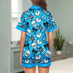 Blue Heart Skull Women's Pajama Sets Top Sleeve & Short Bottom
