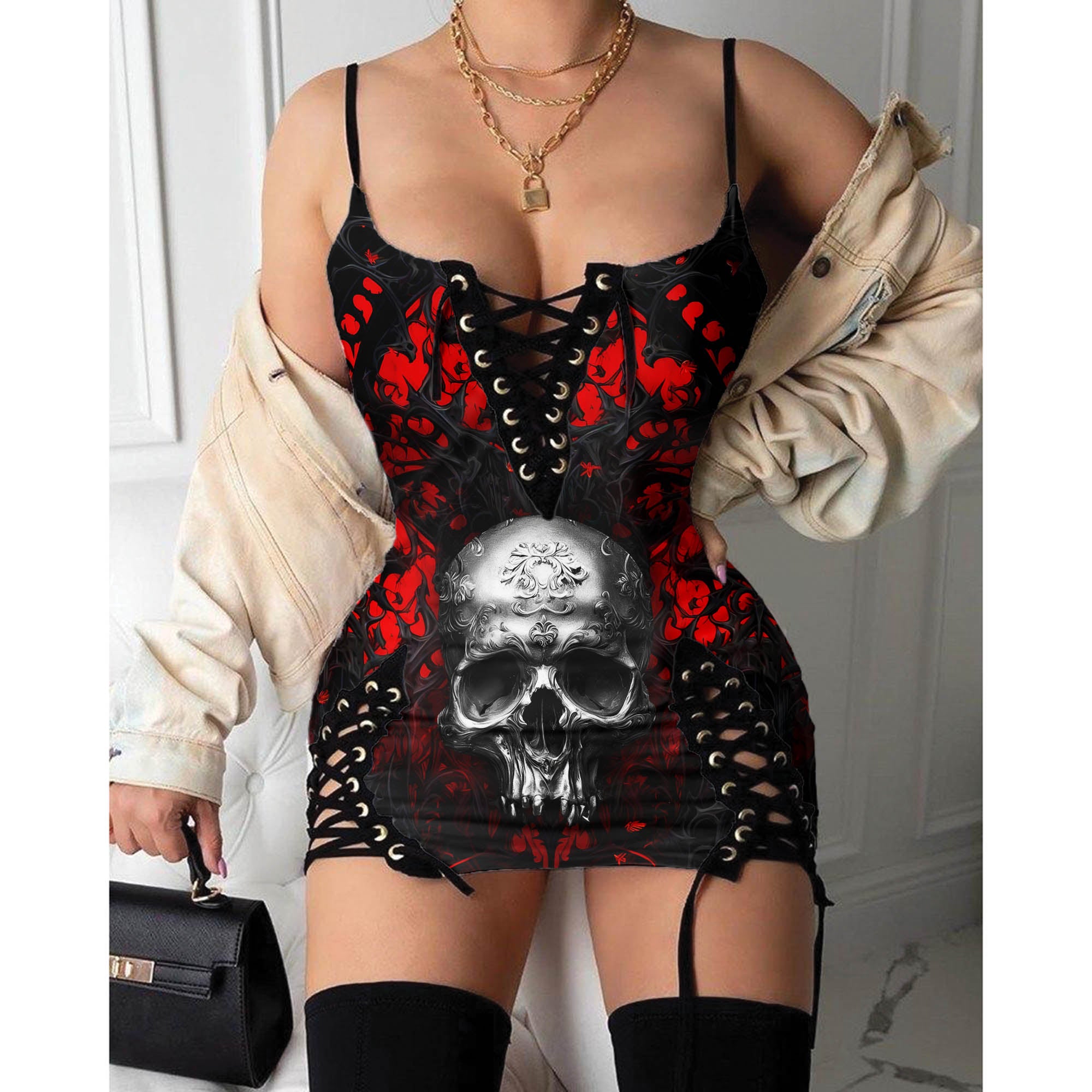Express your personal style with the Hot Gothic Dress, a timeless piece featuring a unique Black Red Skull Vintage, perfect for enhancing your daily fashion routine.