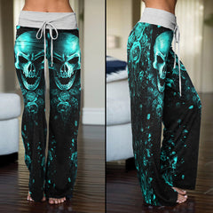 Cyan Skull Abstract Rose Women's High-waisted Wide Leg Pants | Wonder Skull
