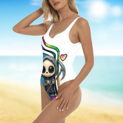 One Piece Bikini Cute Grim Reaper Rainbow Print Swimwear