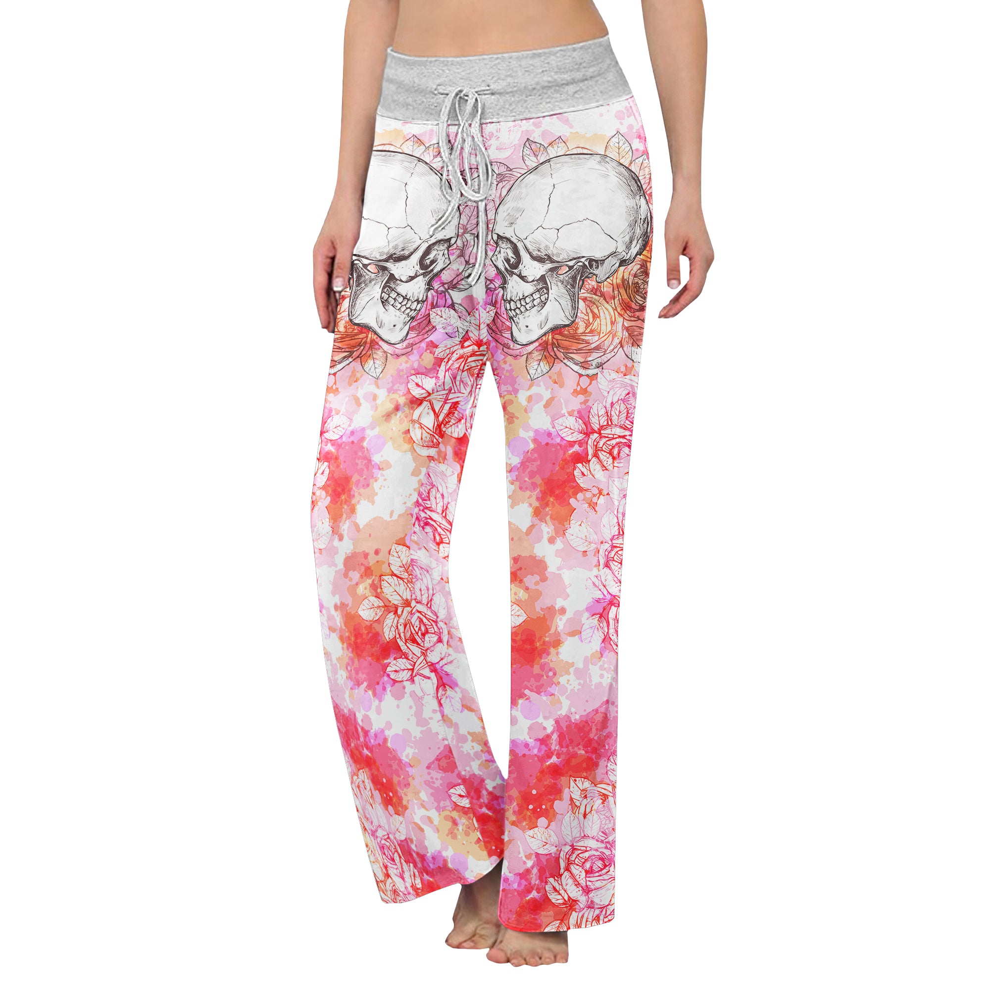Pink Floral Skull Women's High-waisted Wide Leg Pants | Wonder Skull