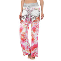 Pink Floral Skull Women's High-waisted Wide Leg Pants | Wonder Skull