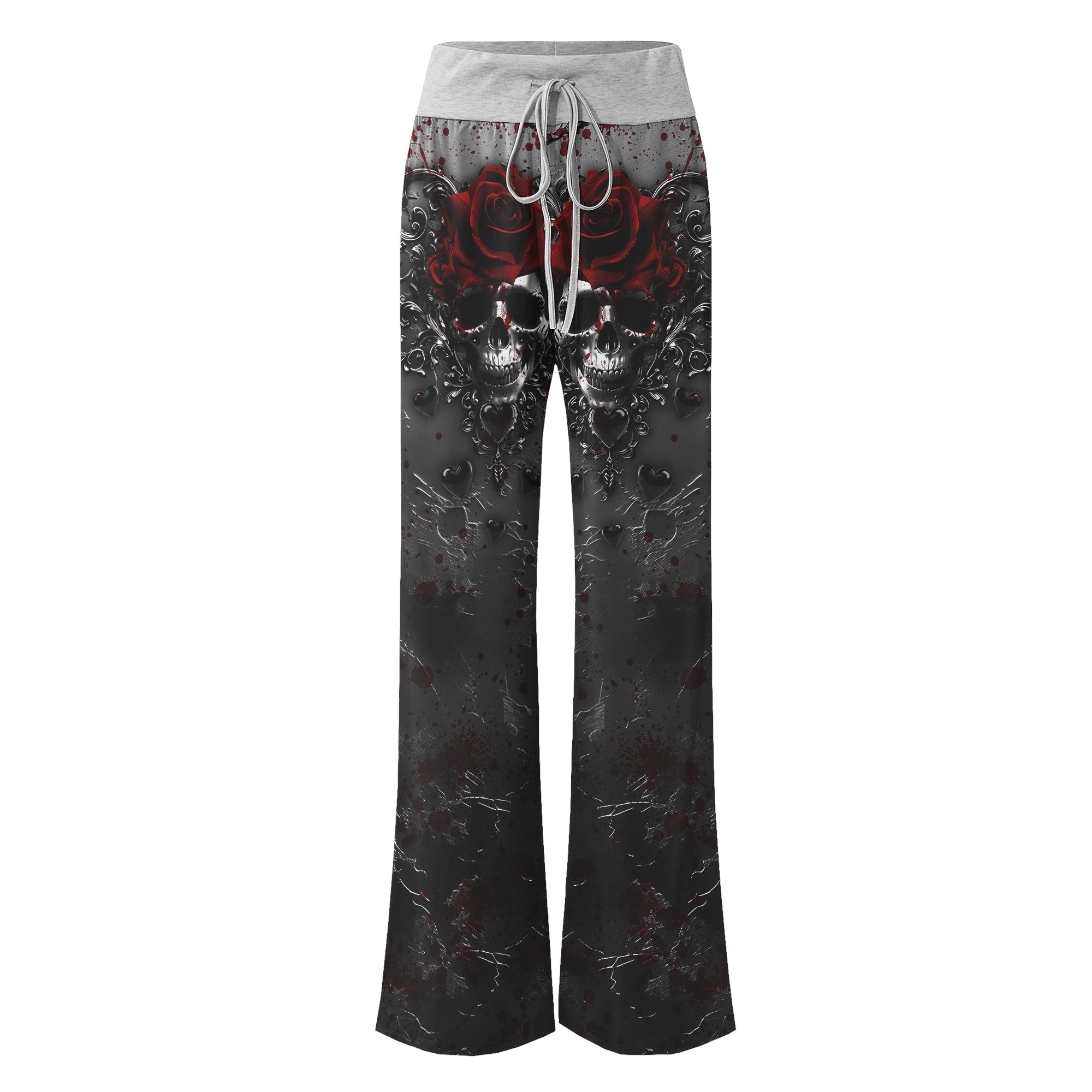 Black Skull Rose Gothic Women's High-waisted Wide Leg Pants | Wonder Skull