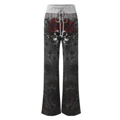 Black Skull Rose Gothic Women's High-waisted Wide Leg Pants | Wonder Skull