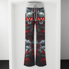 Red Skull Rose Gothic Women's High-waisted Wide Leg Pants
