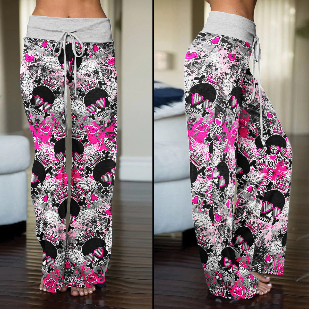 Skull Love Graffiti Art Women's High-waisted Wide Leg Pants | Wonder Skull